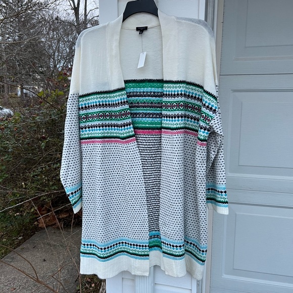 NWT Talbots Soft & Cozy Cream Multicolored Patterned Stripes Open Front Cardigan - Picture 8 of 8